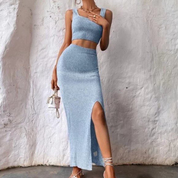 KNIT RIBBED TOP AND SPLIT SKIRT STREETWEAR CHIC SEXY SUMMER TRENDY - Picture 1 of 6